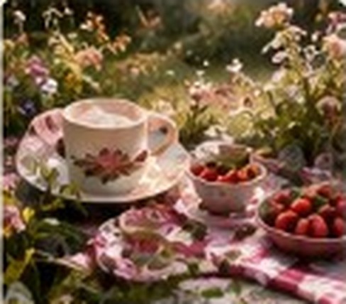 Чашка чая и ягоды в саду